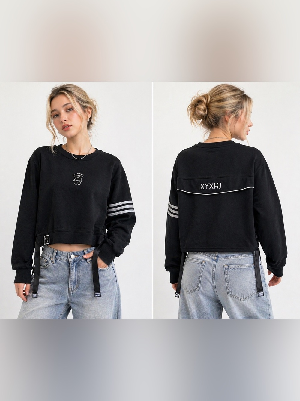 Cropped Black Streetwear Sweatshirt XS Bear 3D Patch Y2K Sporty Chic Youth 130